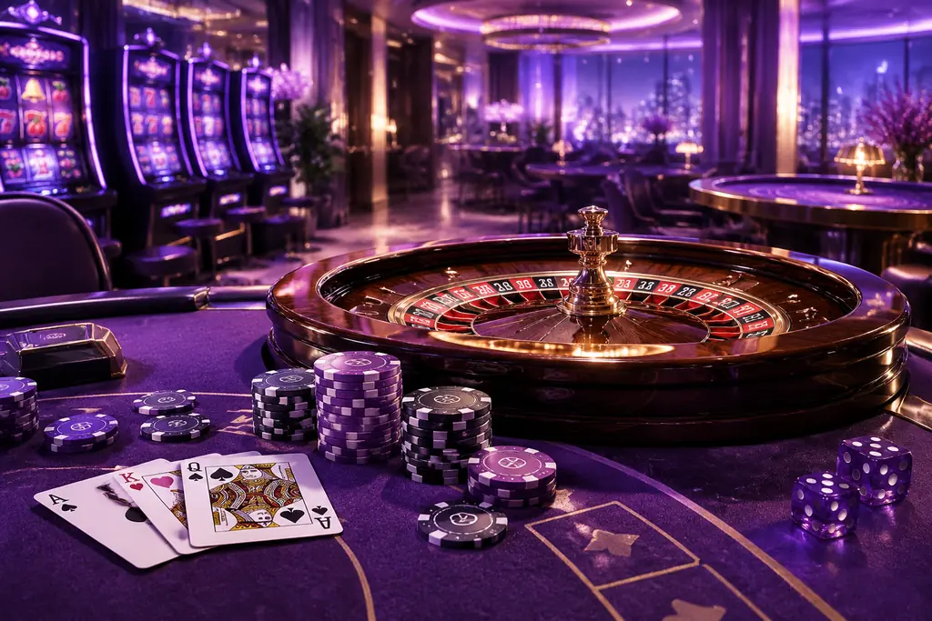 Ilustrasi ruang kasino OLXSLOT dengan meja kartu dan roda roulette